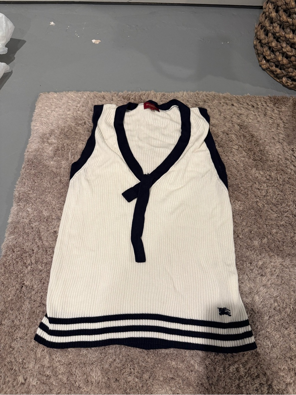 Burberry Cream and Navy Sleeveless Knit Top with Tie Neck